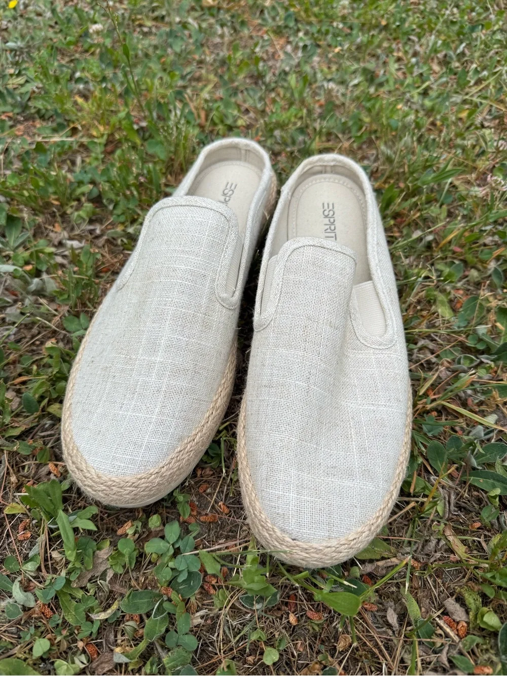 Esprit Neema Natural Linen Espadrille Mules Slip On Flats EUC, 8.5 Women’s